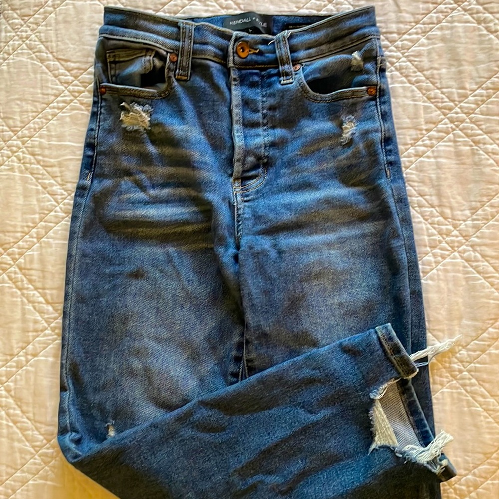 High rise straight leg denim blue jeans Kendall and Kylie high waisted stretchy